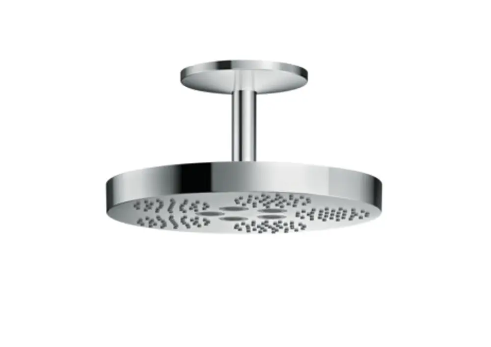 Deckenmontierte Kopfbrause in Chrom-Finish mit kreisförmiger, flacher Kopfplatte und unterschiedlichen Strahlmustern, produziert von AXOR.